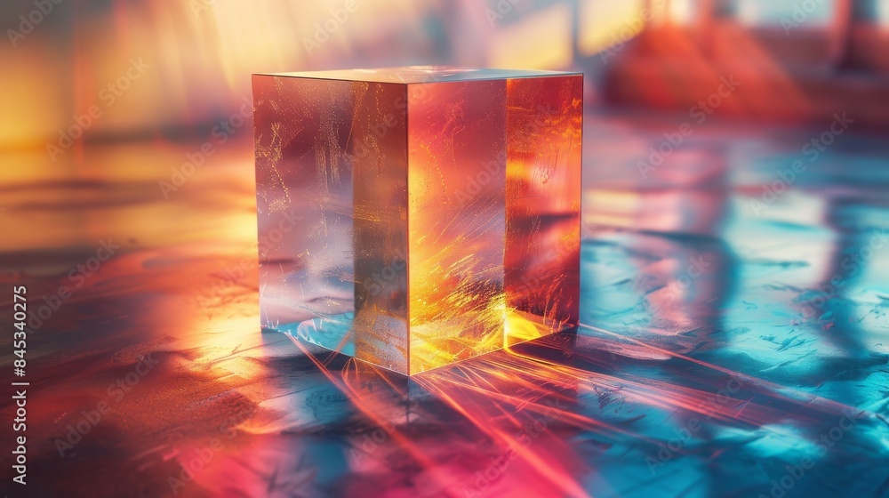 Poster the image shows a single translucent cube illuminated by dynamic, colorful lights creating a vibrant