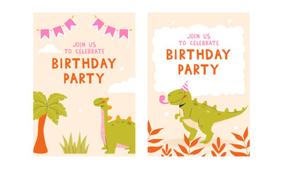 Childrens birthday invitation with dino. Children's posters set with dinosaurs