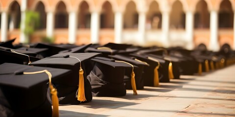 Blurred background of graduation caps in a sunny university campus setting. Concept Graduation Photoshoot, University Campus, Sunny Day, Blurred Background, Caps Theme