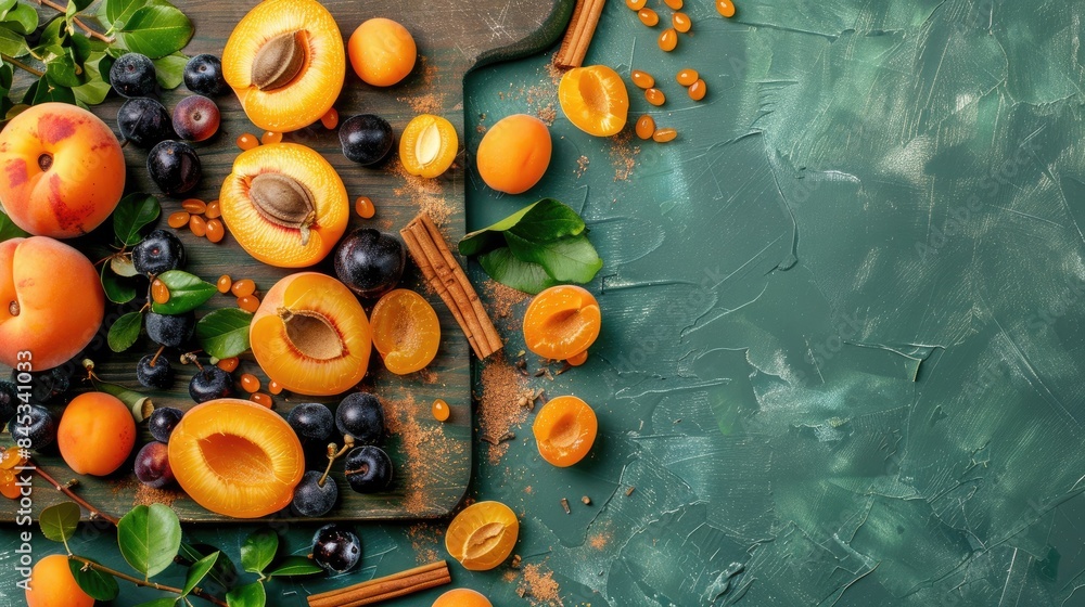 Poster sliced apricots and sloe berries with cinnamon on a cutting board seen from above on a green backgro