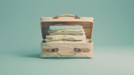Open suitcase with clothes isolated on light blue