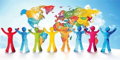 Fototapeta premium Celebrate International Friendship Day with a diverse group of friends embracing unity and joy. Smiling faces, warm hugs, and hands clasped in a symbol of global connection. 4K high-quality wallpaper 
