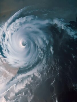 Powerful Hurricane: Spiraling Cyclone from Above - Extreme Weather, Natural Disaster, Atmospheric Phenomenon, Aerial View, Top Down