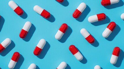 Red and white medical pills on blue backdrop