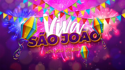 Festa Junina Illustration with Colorful Party Flags and Paper Lantern on Firework Background. Vector Brazil Traditional June Sao Joao Festival Design for Banner, Greeting Card, Invitation or Holiday