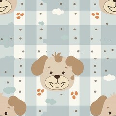 Front view checkerboard pattern with joyful domestic animal faces, ideal wallpaper design