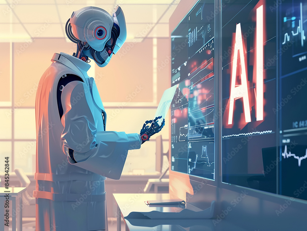 Poster ai robot analyzing data in modern office