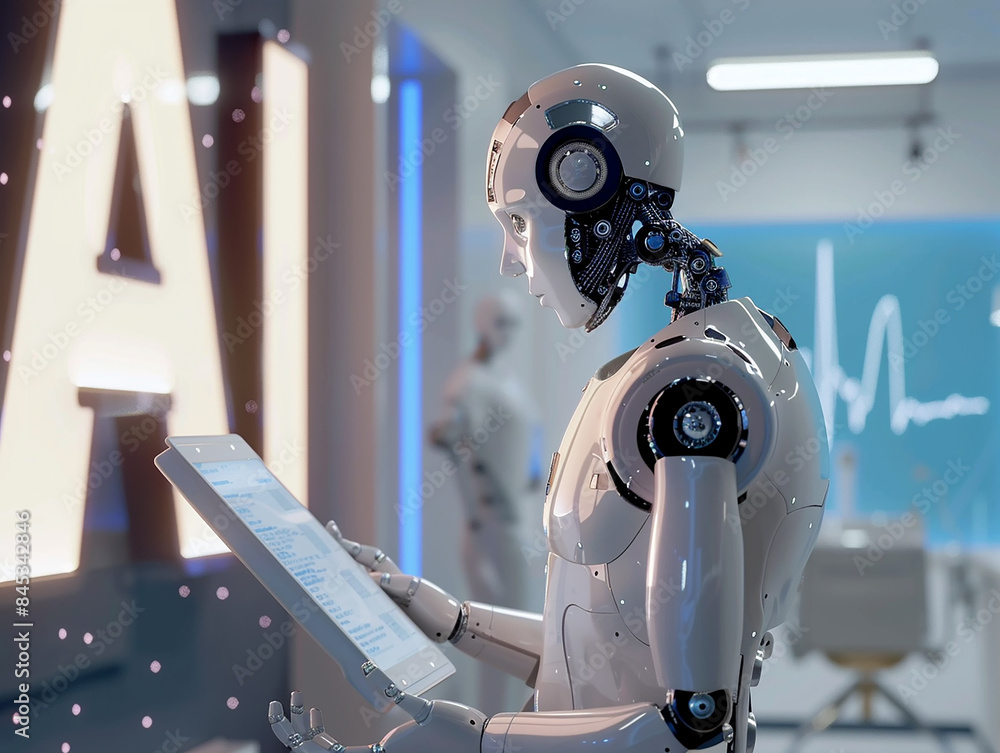 Poster ai robot using tablet in modern medical setting