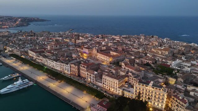 Drone view of Ortygia (Italian: Ortigia) island in Syracuse city, Sicily, Italy