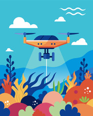 The solarpowered drone zeroed in on a delicate coral reef capturing stunning images of marine life without causing any harm or pollution.. Vector illustration