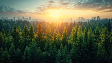 An aerial view of a forest with a city skyline silhouetted in the distance at sunrise