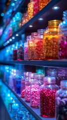 Colored Plastic Jars Adorning Pharmacy Shelves