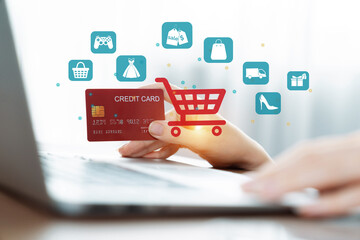 Customer open hologram graphic interface controlling device choosing online platform. Smart...