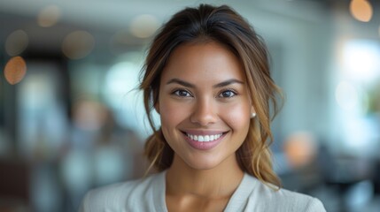 Obraz premium A woman with warm brown eyes and a bright smile looks directly at the camera, her face illuminated by the soft light of a modern city