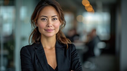 Obraz premium A woman in a black blazer poses confidently in an office setting