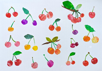 カラフルな、さくらんぼ、アメリカンチェリー、桜桃の手描き水彩イラスト