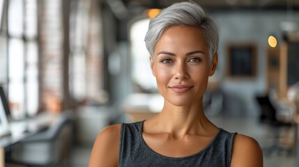 A portrait of a woman with short silver hair looking confidently at the camera in a modern office setting
