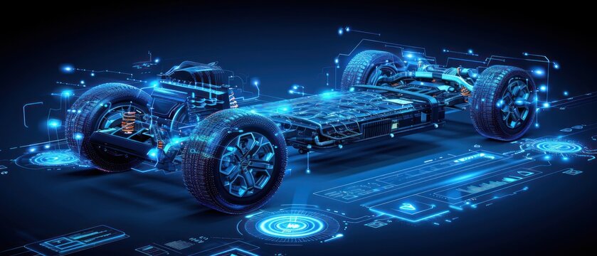 A digital rendering of an electric car chassis illuminated with blue glow, showcasing its intricate inner workings