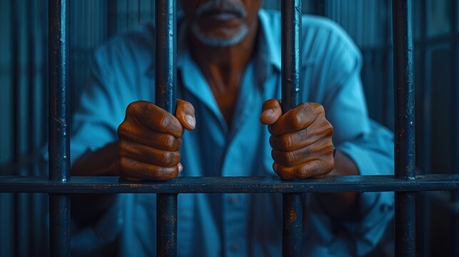 A close-up photo of a prisoners hands reaching through the bars of his cell