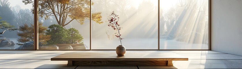 Obraz premium Minimalist Japanese Room With Floating Table for Calm Product Display
