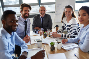 Business group, meeting and portrait for teamwork collaboration or planning idea in financial...