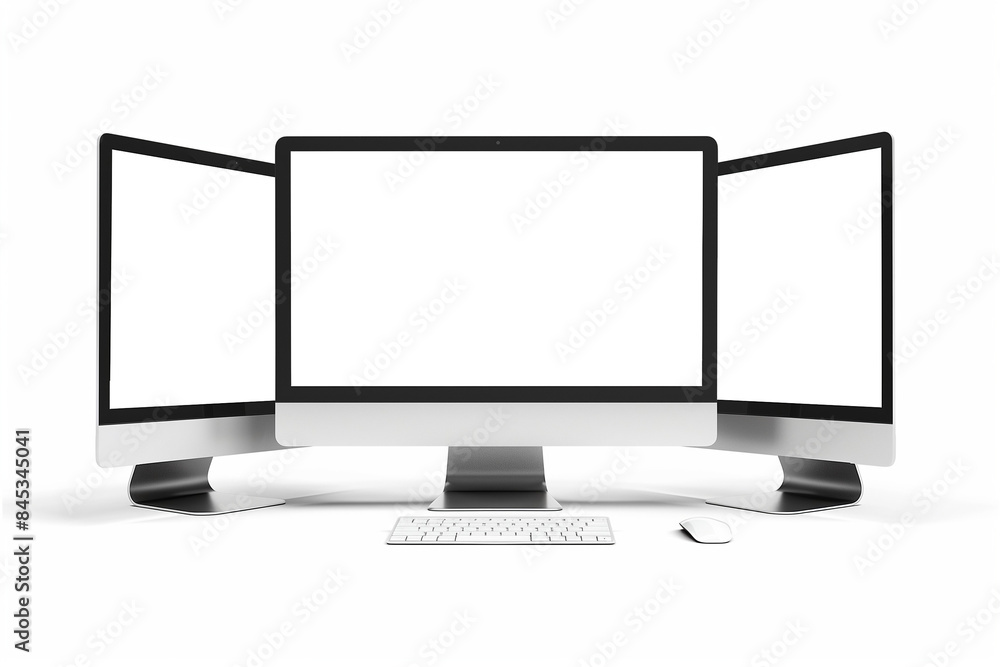 Poster realistic mockup computer. screen monitor display on three sides with transparent screen for your de