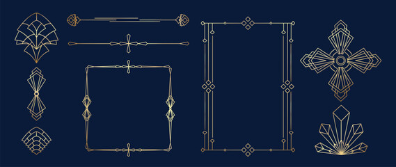 Collection of geometric art deco ornament. Luxury golden decorative elements with different lines, frames, headers, dividers, borders. Set of elegant design suitable for card, invitation, poster.