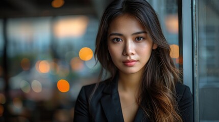 Fototapeta premium A young woman gazes thoughtfully out a window, bathed in the warm glow of city lights