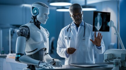 Medical robot showing x ray to doctor in futuristic hospital operating room