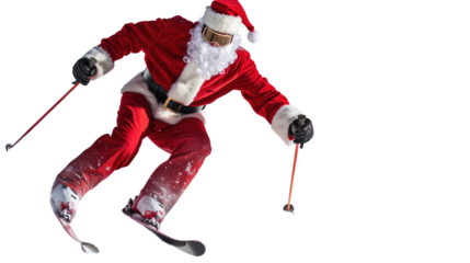 Santa Claus is skiing on a transparent background