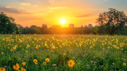 A beautiful field of yellow wildflowers glows in the warm light of a setting sun - Powered by Adobe
