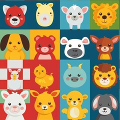 Fototapeta premium Front view of cheerful domestic animal faces in checkerboard layout, ideal wallpaper pattern