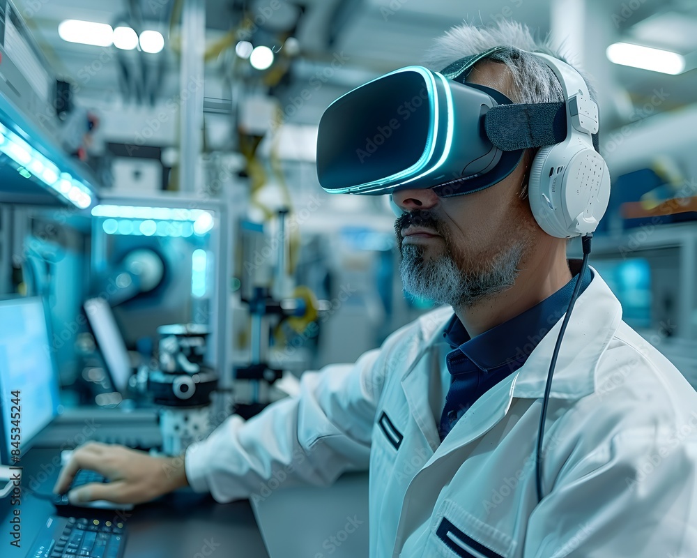 Poster engineer using virtual reality to simulate engineering solutions in research lab