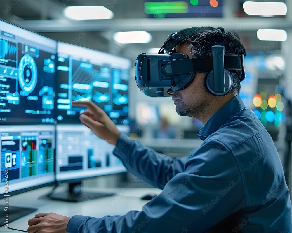 Poster engineer utilizing virtual reality to simulate engineering solutions in research lab