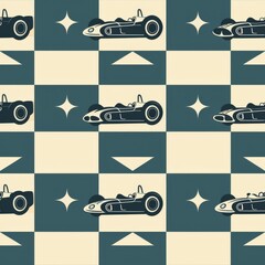 Vintage checkerboard racing cars wallpaper for elegant and stylish home interior design