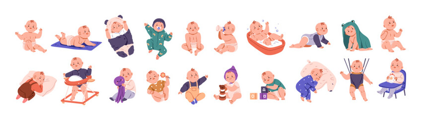 Baby life set. Early childhood development. Cute infant activities. Little child bathing, crawling, playing, sleeping. Happy toddlers, small kids. Flat vector illustration isolated on white background