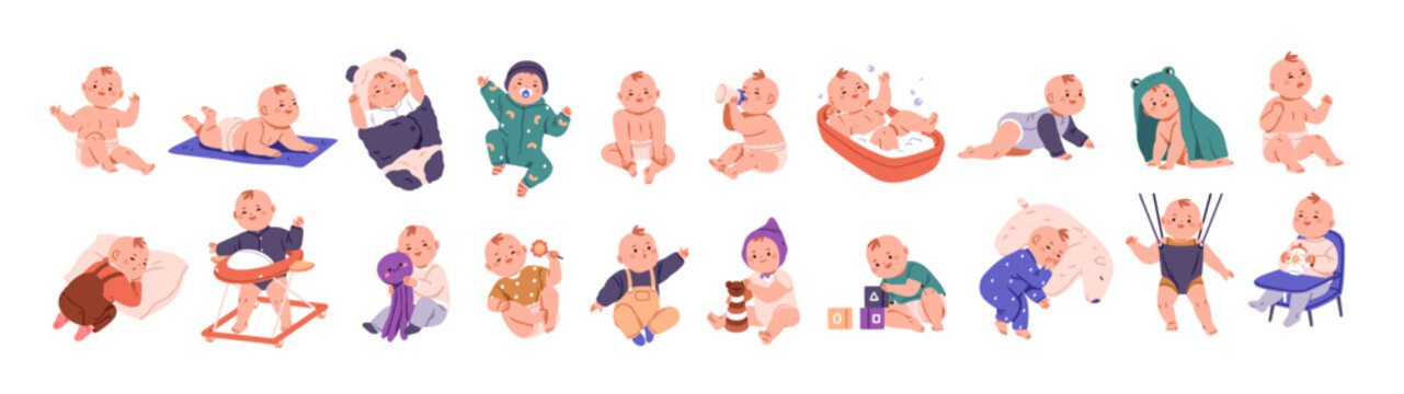 Baby life set. Early childhood development. Cute infant activities. Little child bathing, crawling, playing, sleeping. Happy toddlers, small kids. Flat vector illustration isolated on white background