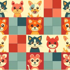 Front view of cheerful domestic animal faces in a checkerboard layout for wall wallpaper