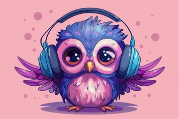 Funny owl in headphones listening to music illustration