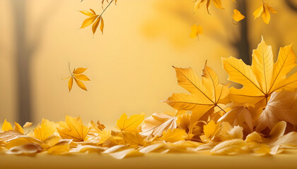 Mid Yellow Seasonal Wallpaper with Falling Autumn Leaves. Natural Banner with copy-space
