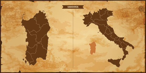 Sardinia state map, Italy map with federal states in A vintage map based background, Political Italy Map