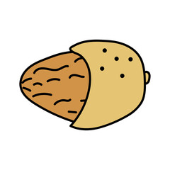 Almonds in doodle style. Vector isolated on yellow background