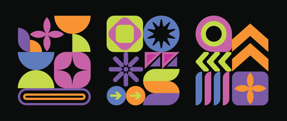 Set of geometric pattern element background vector. Collection of abstract circle, square, polygon shape with colorful tone. Modern and trendy design for decor, cover, print, interior deco.