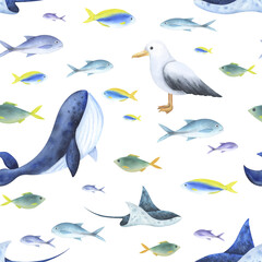 Sea animals - whale, stingray, fish and seagull. Seamless pattern hand drawn in watercolor. On a white background. For design, fabrics, textiles, wallpaper