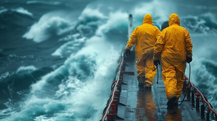 Fototapeta premium Two men in yellow raincoats walk steadily on a ship's deck against powerful ocean waves, highlighting the resilience of seafarers