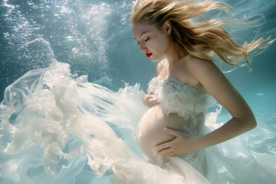 Pregnant woman underwater in a white dress