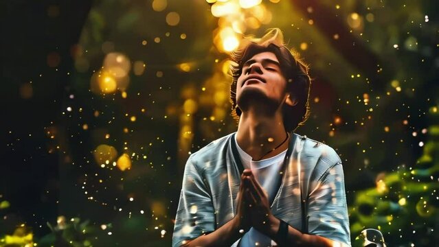 Video of person meditating, practicing yoga and establishing connection with nature.