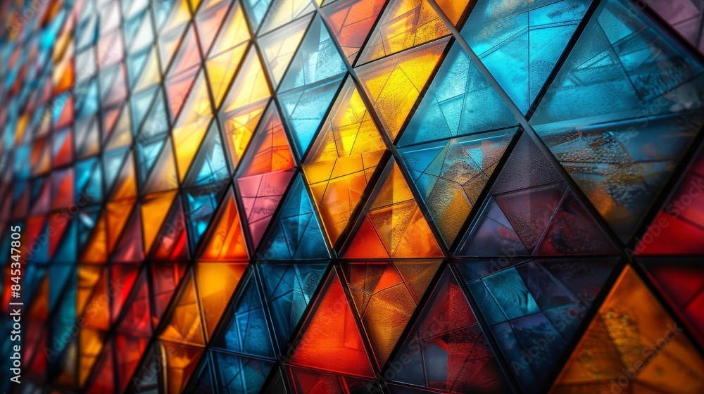 Poster close-up of brightly colored triangular glass panels with an abstract geometric pattern