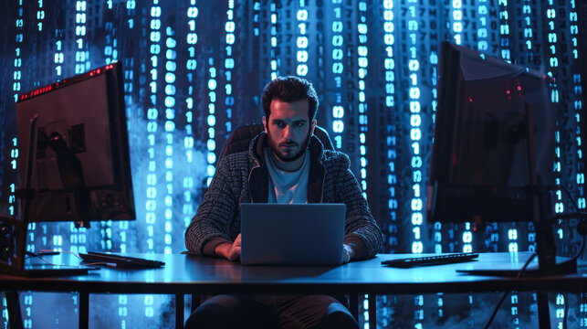 Man with laptop in blue illuminated code room