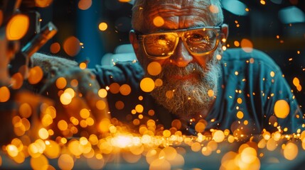 Close-up shot of a craftsman's hands grinding metal with sparks flying in a workshop